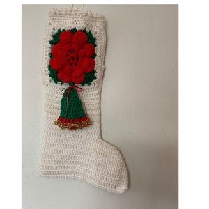 Cottage Core Granny Afghan Square White & Red Christmas Stocking W Bell